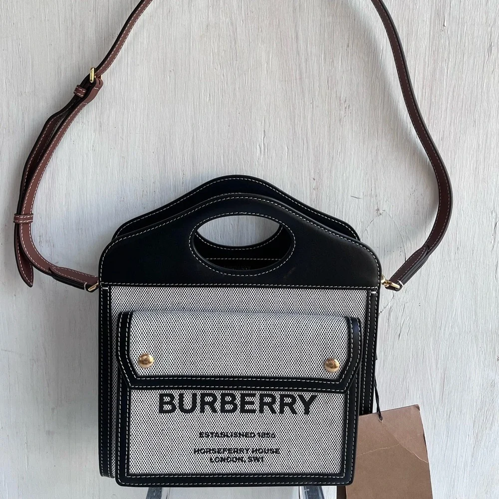 BURBERRY Horseferry Logo Canvas and Leather Pocket Bag